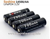 Thông số kỹ thuật: Chuẩn pin 14500 (AA) Thương hiệu: Soshine Điện thế: 3.2v Dung lượng: 700mAh Màu sắc: đen Chống cháy nổ, chảy nước hay phù Có thể dùng thay thế 2pin AA trong máy chụp ảnh, camera, mp3… Giá 100.000 vnđ